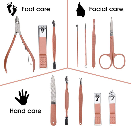 Nail Clippers and Beauty Tool Portable Set Manicure Set 12 in 1, with Pink Leather Bag, Suitable for Home, Workplace, Outdoor Travel, Gift Giving, Salon