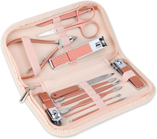 Nail Clippers and Beauty Tool Portable Set Manicure Set 12 in 1, with Pink Leather Bag, Suitable for Home, Workplace, Outdoor Travel, Gift Giving, Salon