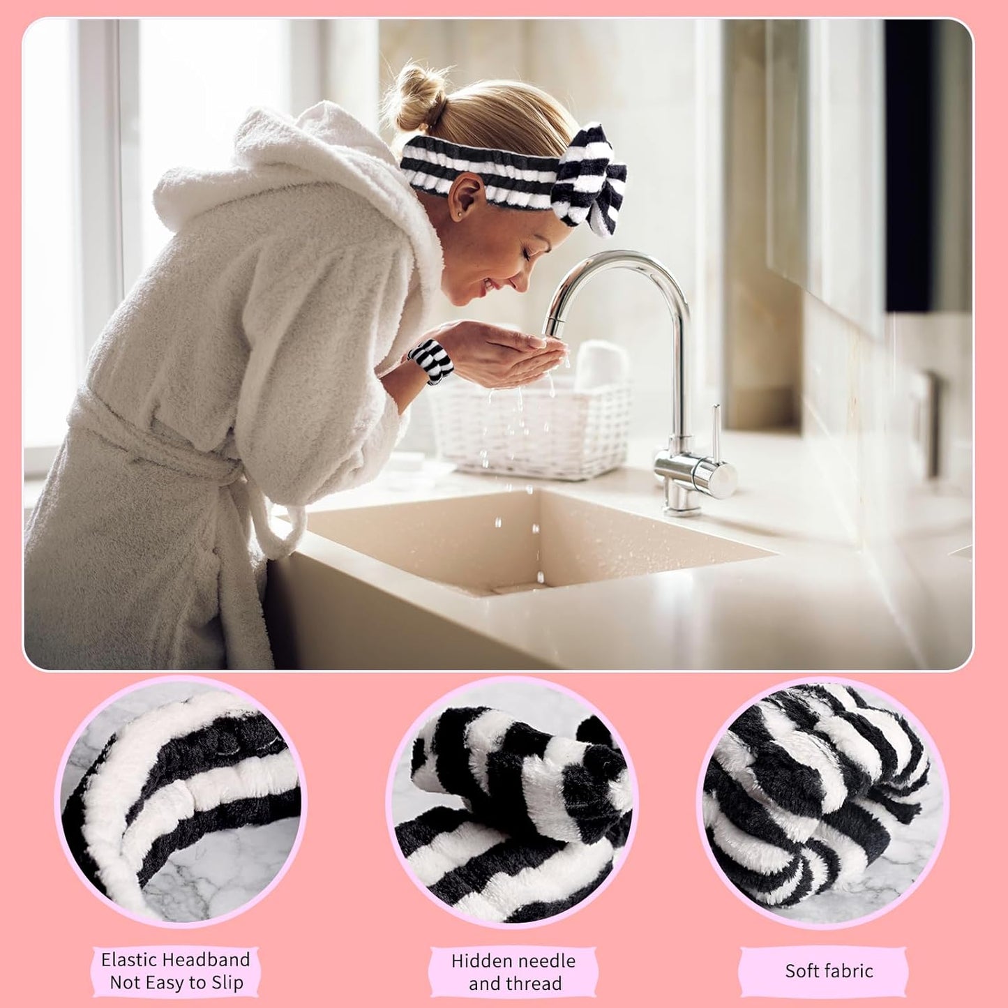 WSYUB Spa Headband and Wristbands for Face Washing, Black and White