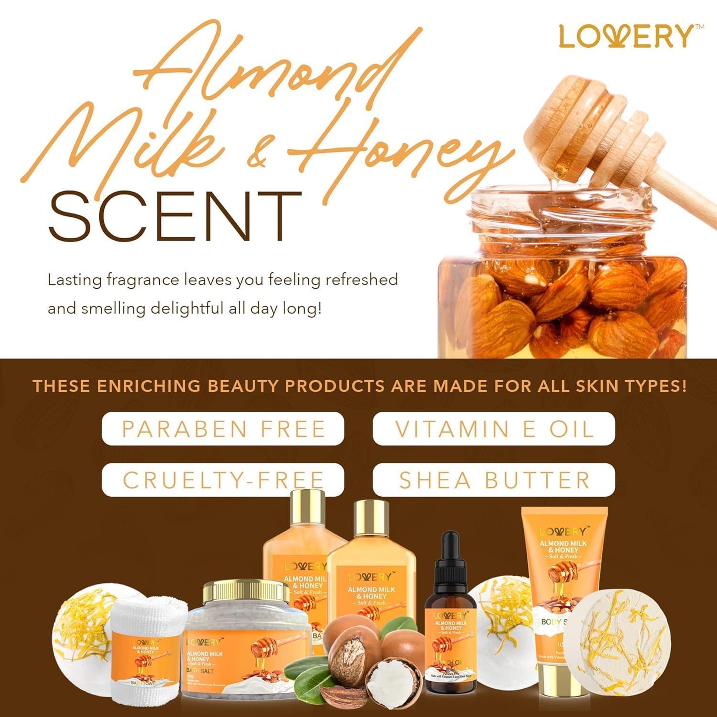 Gifts for Women Gift Basket for Women - 10 Pc Almond Milk & Honey Beauty & Personal Care Set