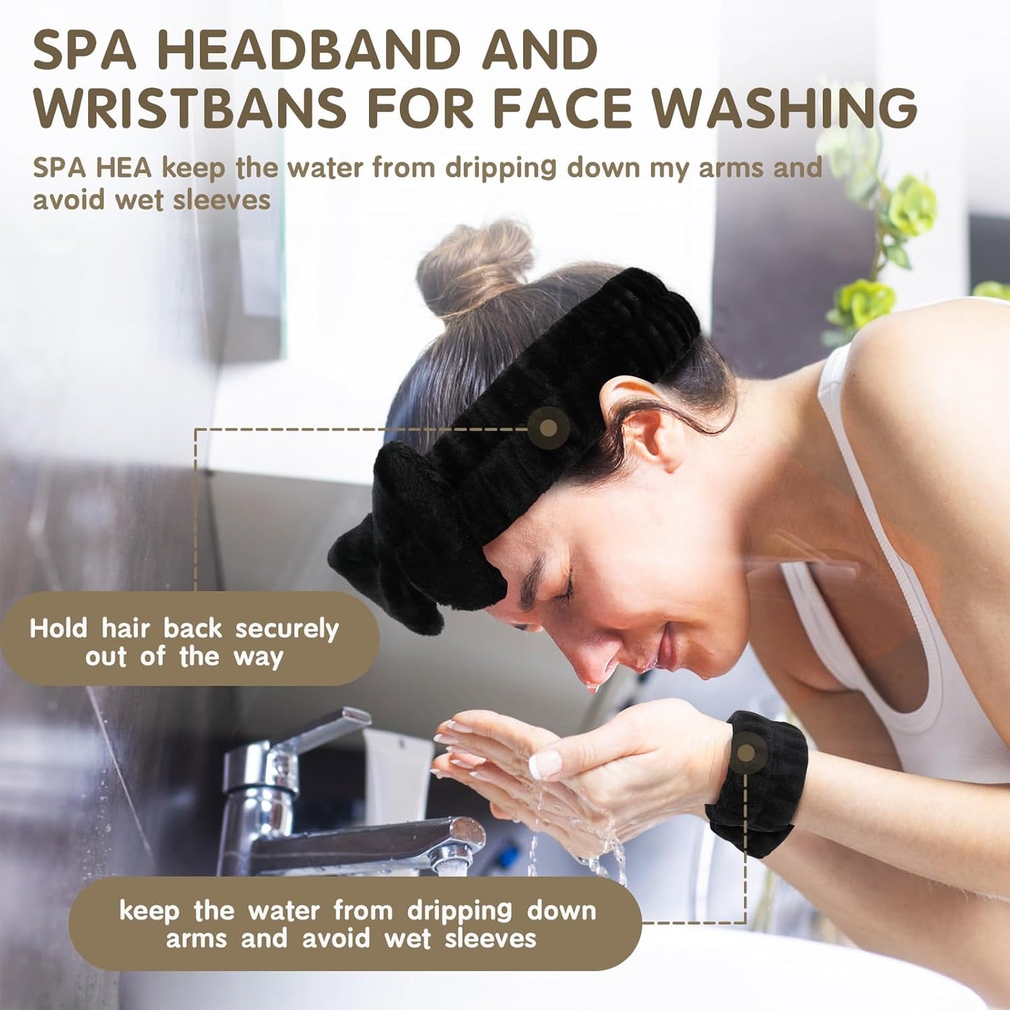 WSYUB Spa Headband and Wristbands for Face Washing, Black and Pink,6pcs