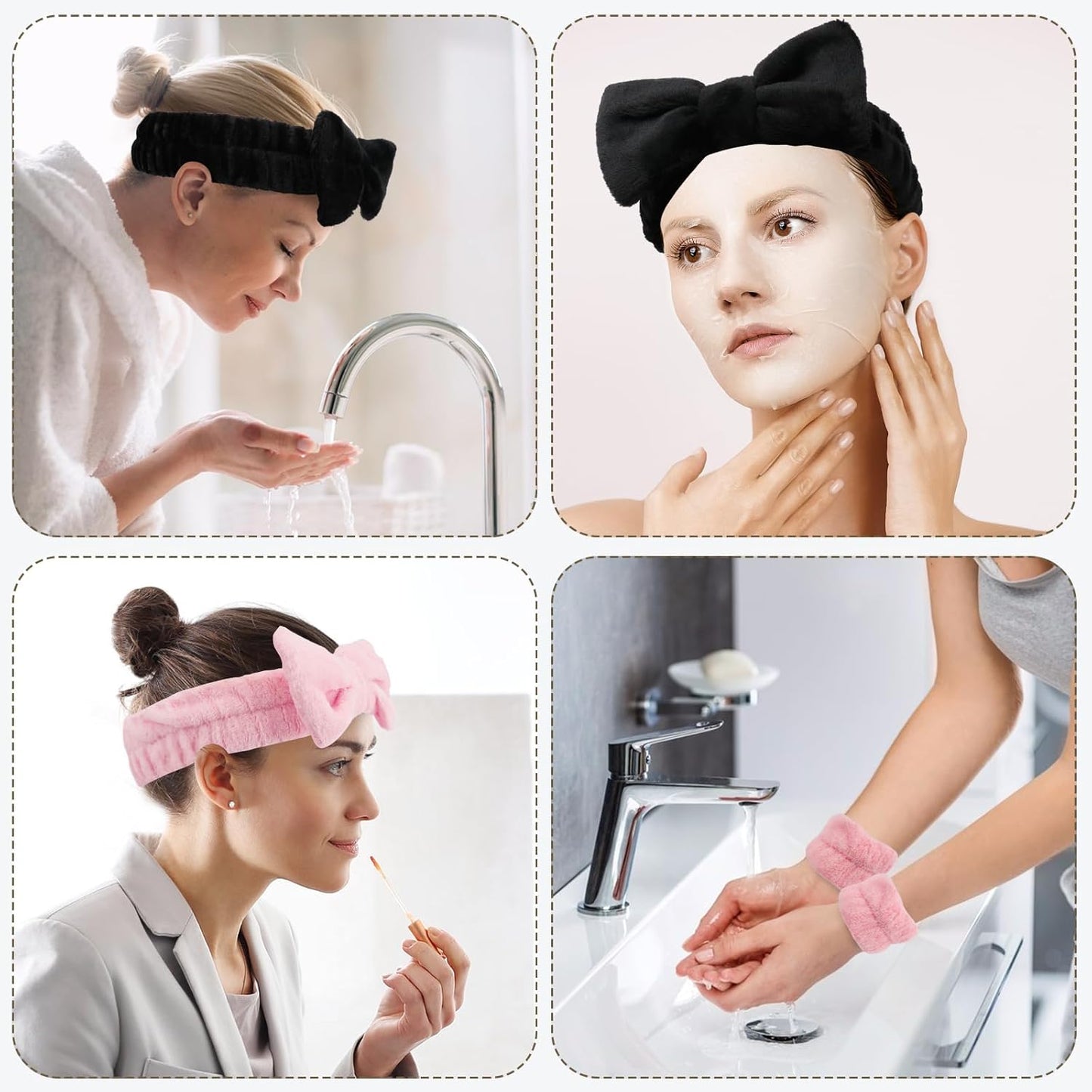 WSYUB Spa Headband and Wristbands for Face Washing, Black and Pink,6pcs