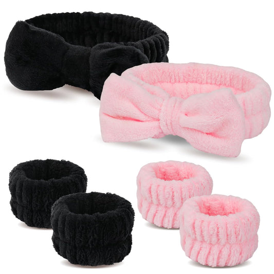 WSYUB Spa Headband and Wristbands for Face Washing, Black and Pink,6pcs