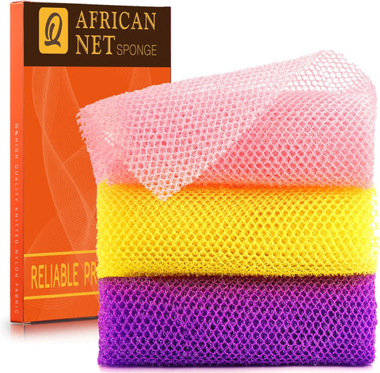 UJFQBH African Bath Sponge Set (3-Pack) | Exfoliating Net Body Scrubber